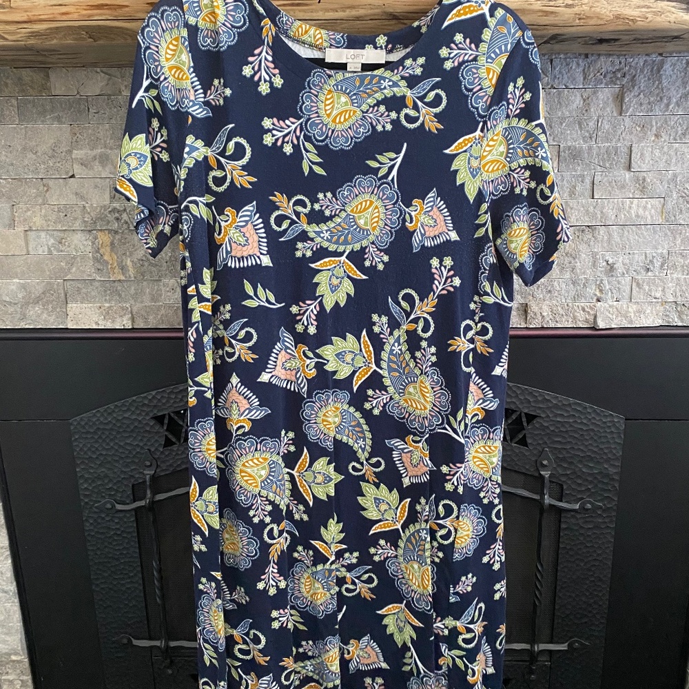 Loft Navy Floral Swing Dress Medium